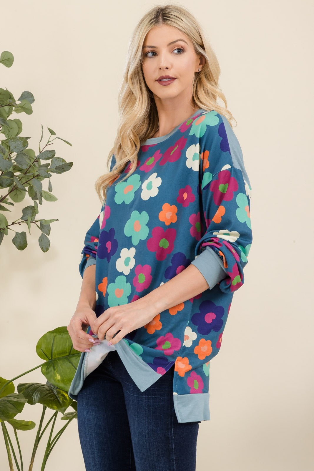 Celeste Full Size Side Slit Flower Print Long Sleeve Top Trendsi