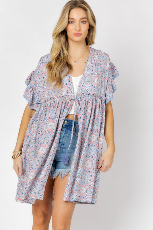 Printed Short Sleeve Ruffle Kimono Davi & Dani