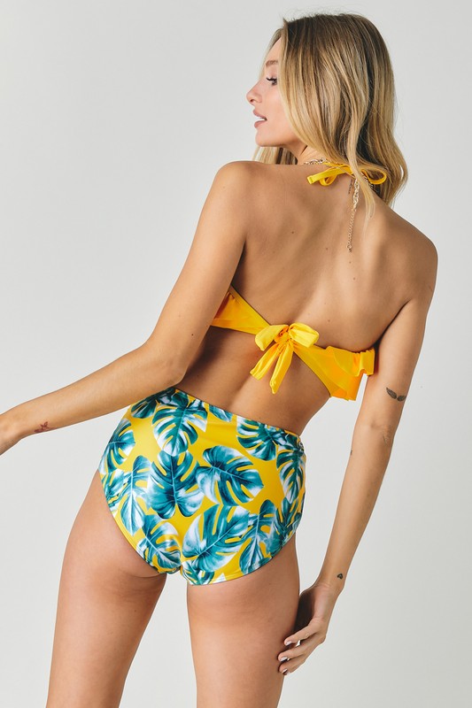 Davi & Dani Solid Ruffle Top And Printed Bottom Swimsuit - Rosa Apparel