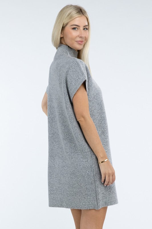 Mock Neck Short Sleeve Sweater Dress with Pocket ZENANA