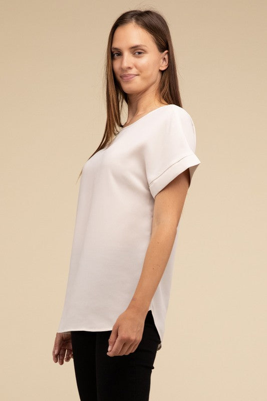 Woven Heavy Dobby Rolled Sleeve Boat Neck Top ZENANA