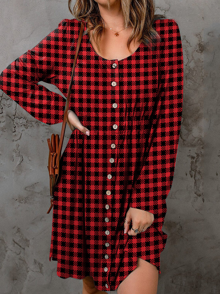 Double Take Full Size Plaid Round Neck Long Sleeve Magic Dress Trendsi