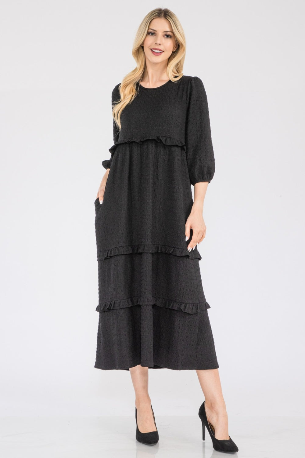 Celeste Full Size Ruched Tiered-Ruffle 3/4 Sleves Round Neck Midi Dress Celeste