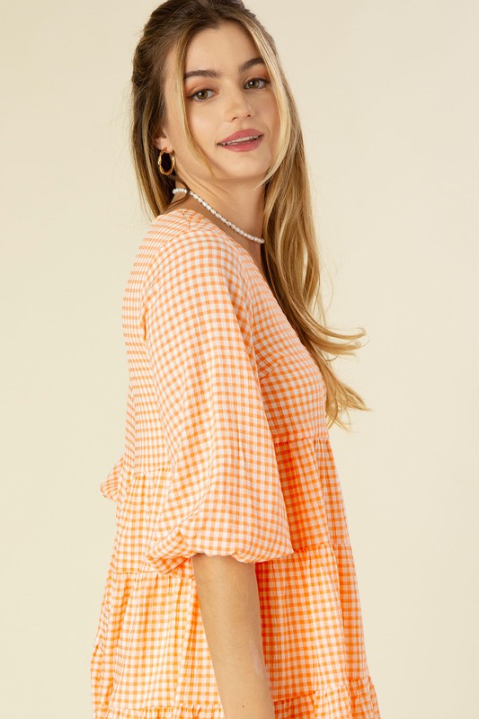 Lilou Gingham Checked Tiered Puff 3/4 Sleeves V-Neck Mini Dress