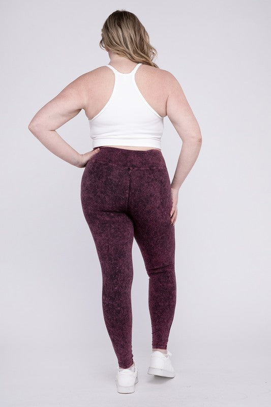 Plus Mineral Washed Wide Waistband Yoga Leggings ZENANA