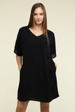 Zenana Woven Airflow V Neck T-Shirt Dress with Pockets ZENANA