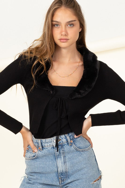 Miss Mesmerize Fur Trim Tie Front Ribbed Cardigan HYFVE