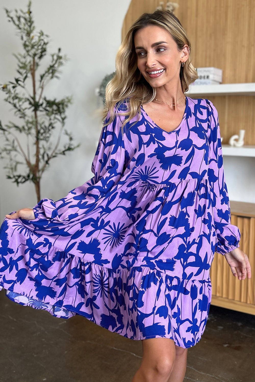 Double Take Full Size Printed Ruffle Hem Long Sleeve Midi Dress Double Take