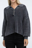 Washed Collared Henley Sweater ZENANA