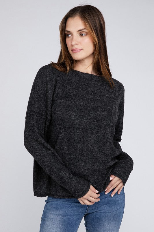 Ribbed Brushed Melange Hacci Sweater with a Pocket ZENANA