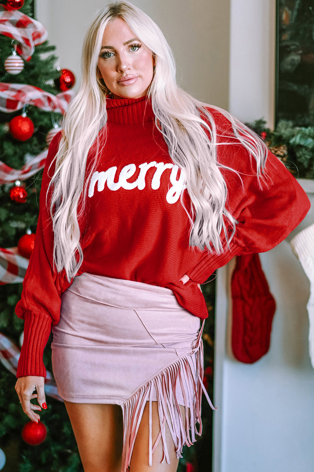 Double Take Full Size Merry Christmas Turtleneck Long Sleeve Sweater Trendsi