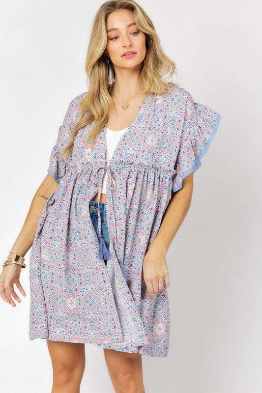 Printed Short Sleeve Ruffle Kimono Davi & Dani