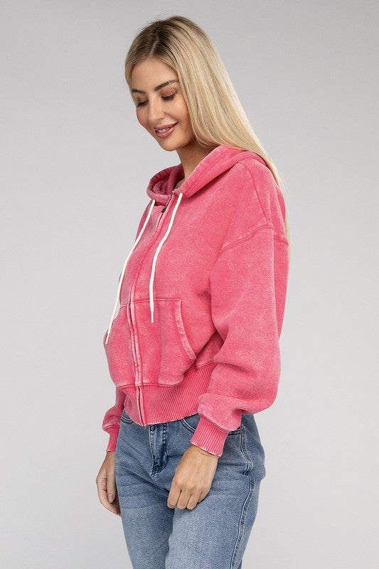 Acid Wash Fleece Cropped Zip-Up Hoodie ZENANA