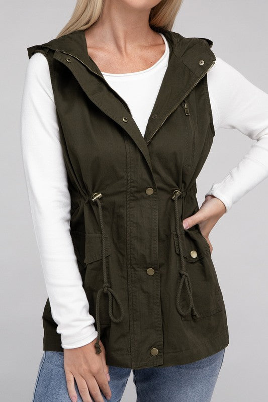 Drawstring Waist Military Hoodie Vest ZENANA