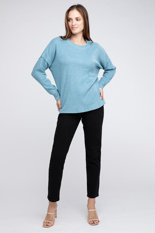 Ribbed Brushed Melange Hacci Sweater with a Pocket ZENANA