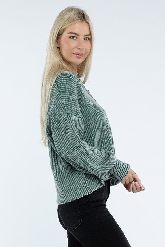 Washed Collared Henley Sweater ZENANA