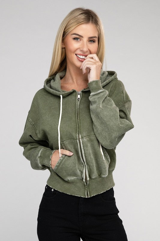 Acid Wash Fleece Cropped Zip-Up Hoodie ZENANA