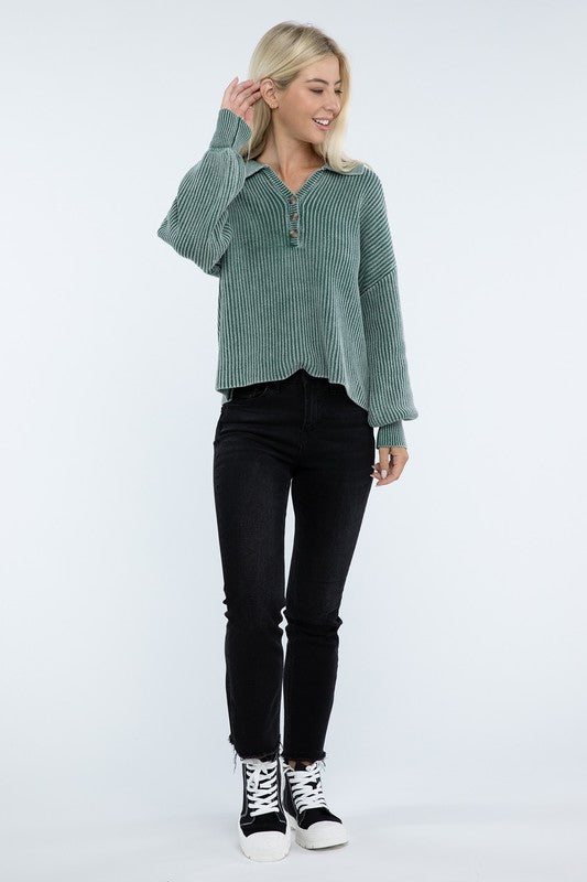 Washed Collared Henley Sweater ZENANA