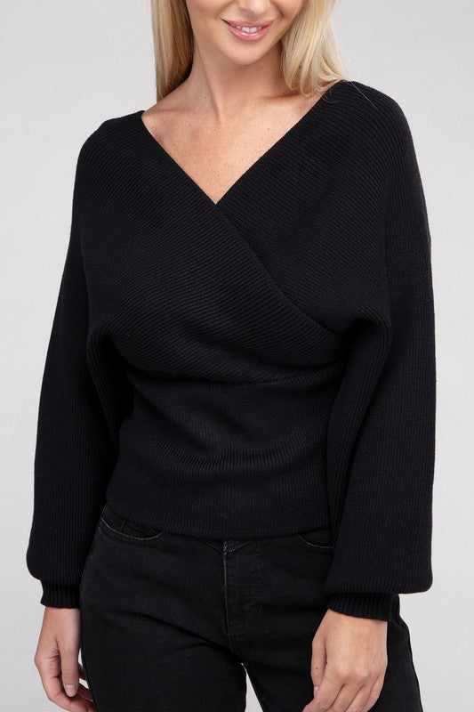 Zenana Viscose Cross Wrap V-Neck Pullover Sweater