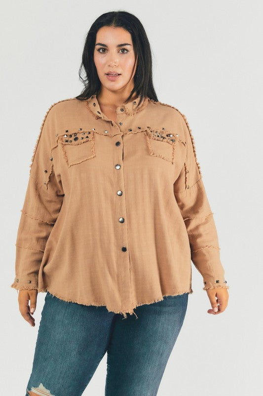 Plus Distressed hem button down oversize shirt Davi & Dani