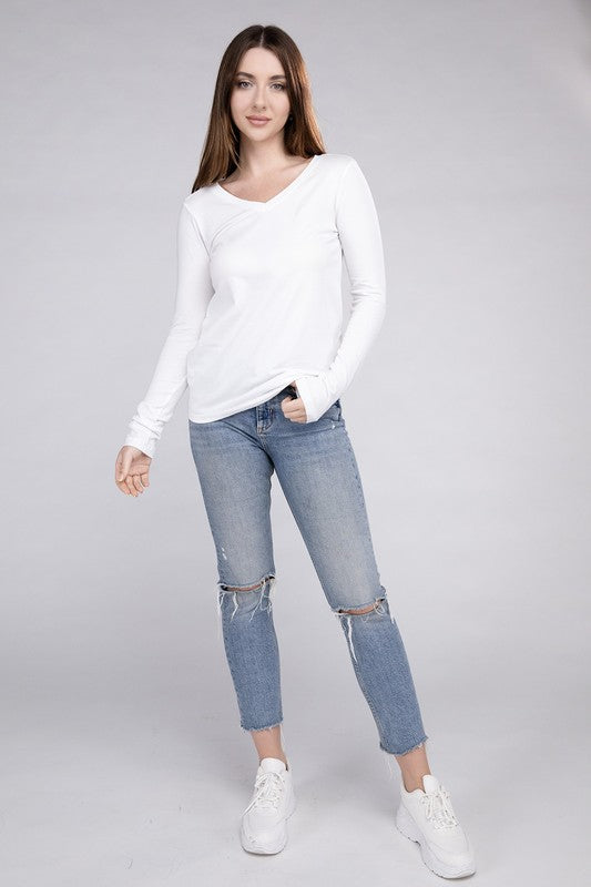 Cotton V-Neck Long Sleeve T-Shirt ZENANA