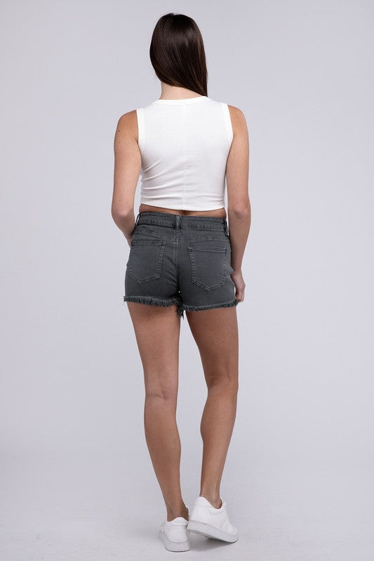 Zenana Acid Washed Frayed Cutoff Hem Shorts - Rosa Apparel