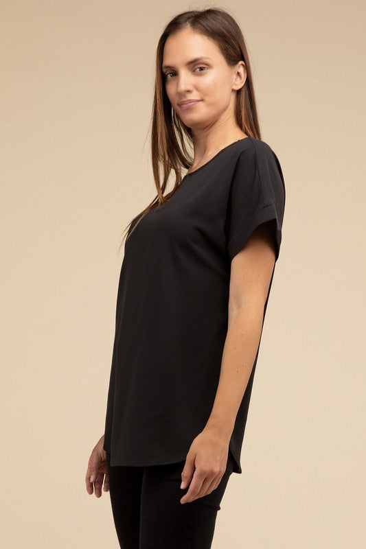 Woven Heavy Dobby Rolled Sleeve Boat Neck Top ZENANA