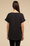 Woven Heavy Dobby Rolled Sleeve Boat Neck Top ZENANA