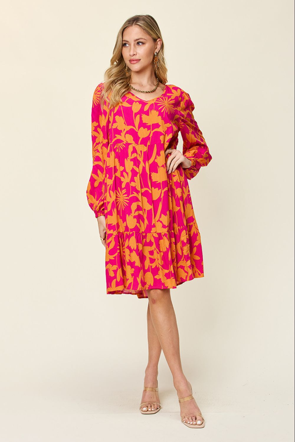 Double Take Full Size Printed Ruffle Hem Long Sleeve Midi Dress Double Take