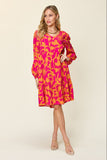 Double Take Full Size Printed Ruffle Hem Long Sleeve Midi Dress Double Take