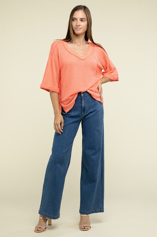 Zenana Brushed Waffle Exposed-Seam 3/4 Sleeve Top