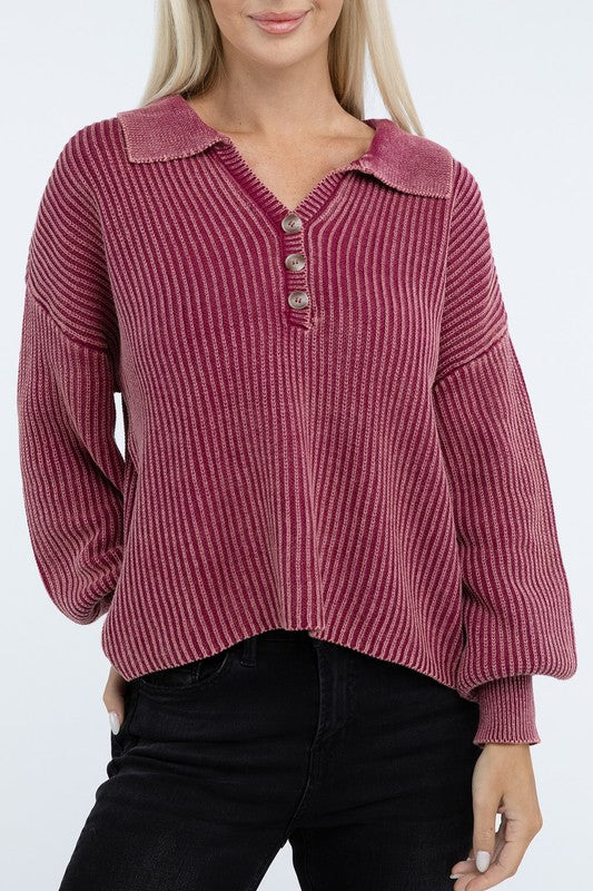 Washed Collared Henley Sweater ZENANA