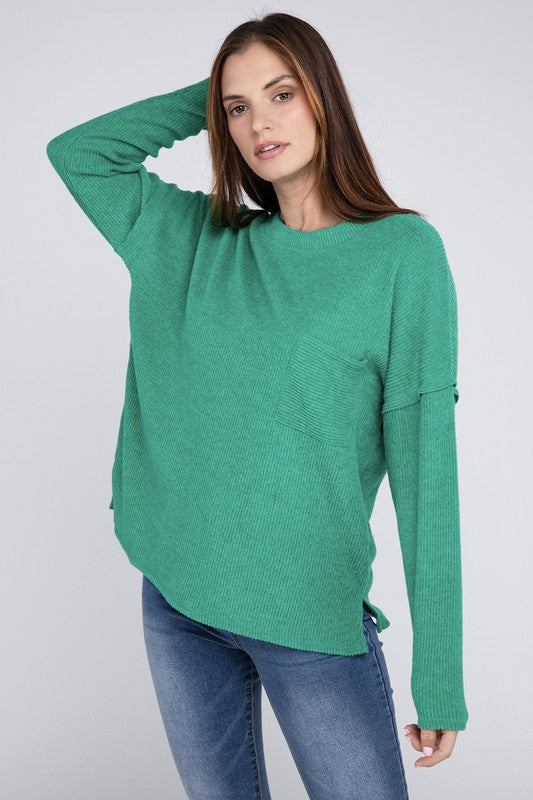 Ribbed Brushed Melange Hacci Sweater with a Pocket ZENANA