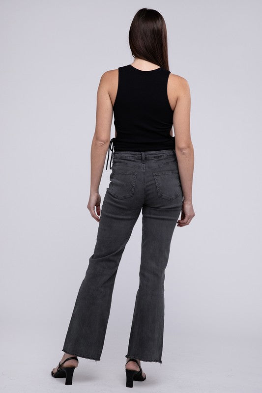 Zenana Acid Washed Frayed Cutoff Hem Straight Wide Jeans Pants ZENANA