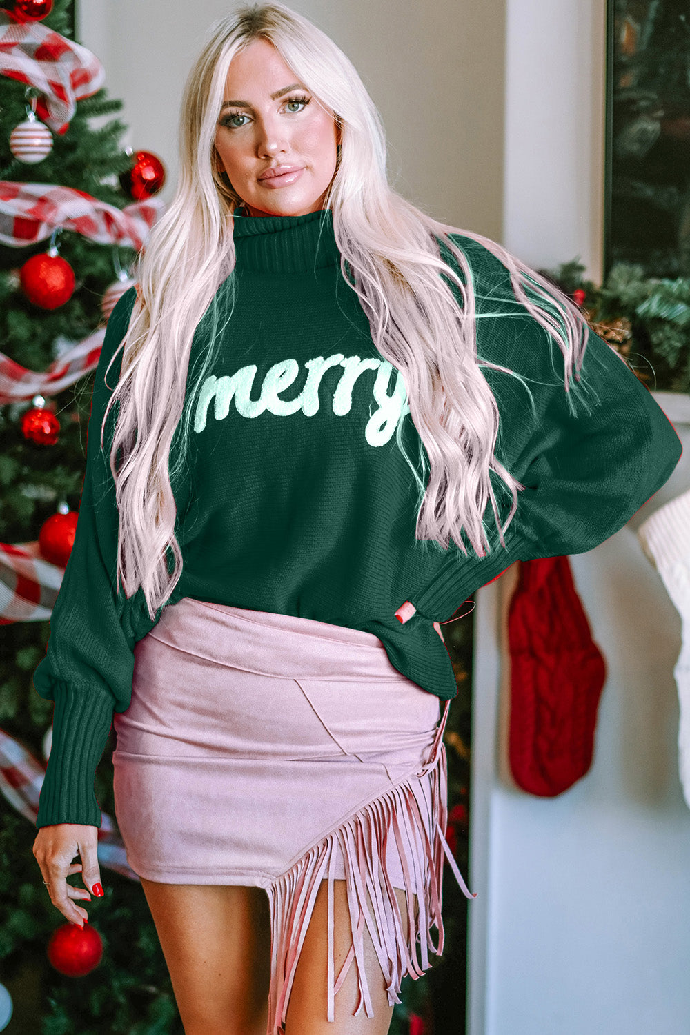 Double Take Full Size Merry Christmas Turtleneck Long Sleeve Sweater Trendsi