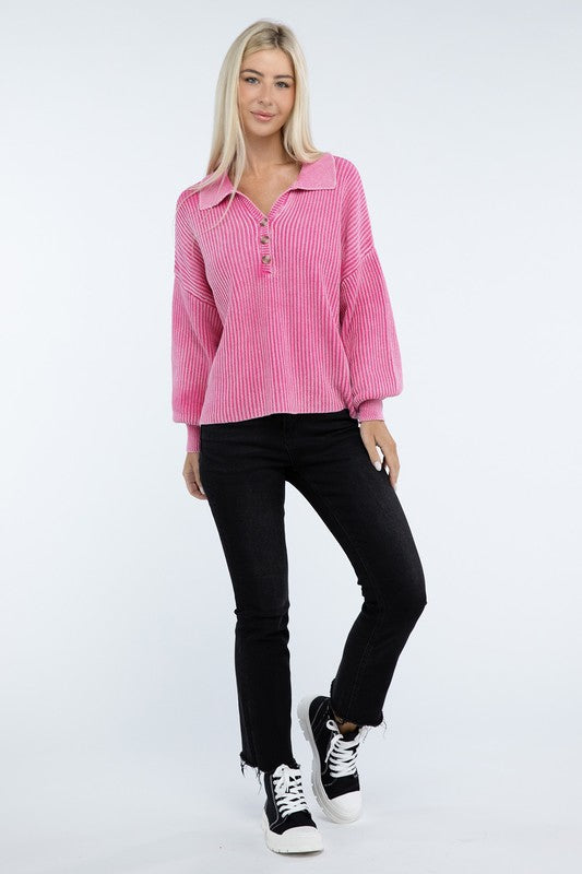 Washed Collared Henley Sweater ZENANA