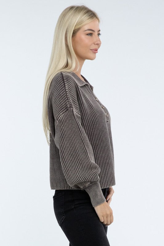 Washed Collared Henley Sweater ZENANA