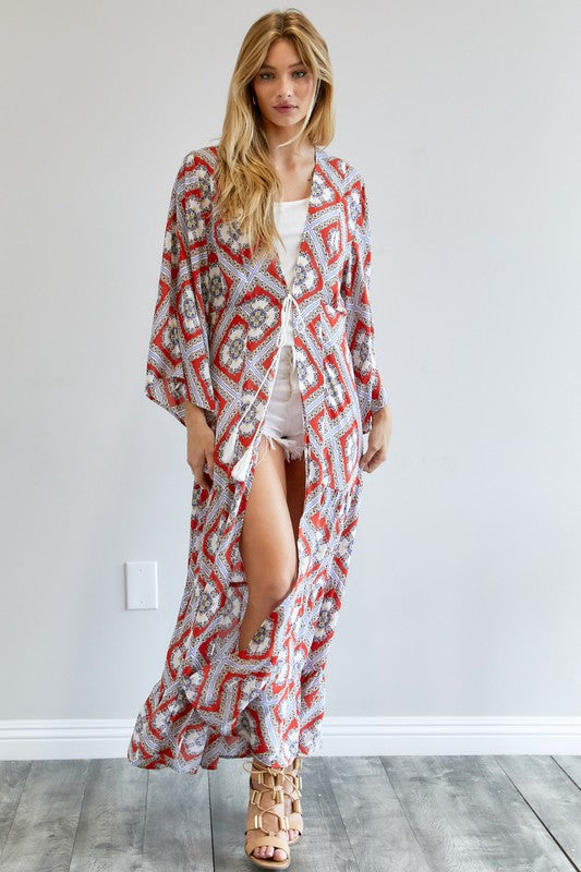 Printed Long Sleeve Loose Kimono Davi & Dani