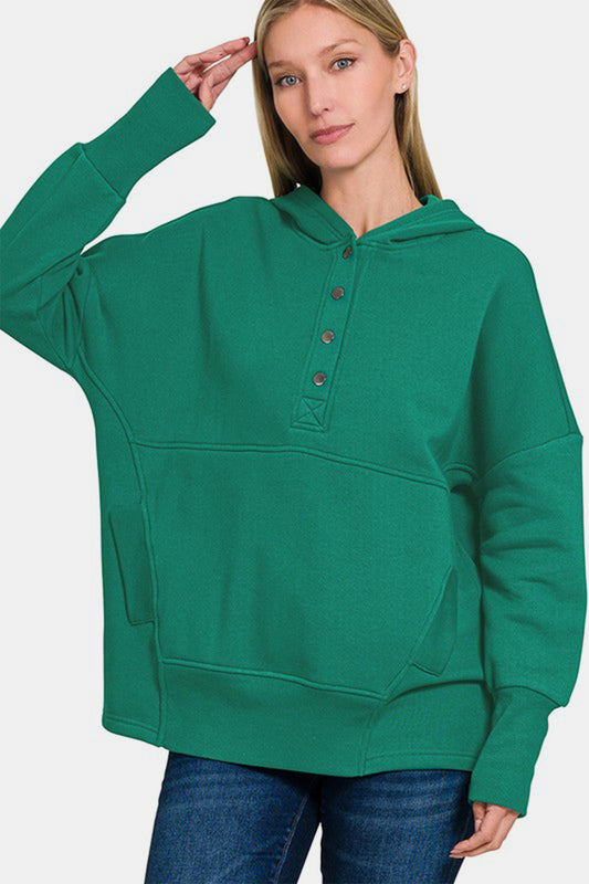 Zenana Half Snap Long Sleeve Hoodie with Kangaroo Pocket Trendsi