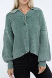 Washed Collared Henley Sweater ZENANA