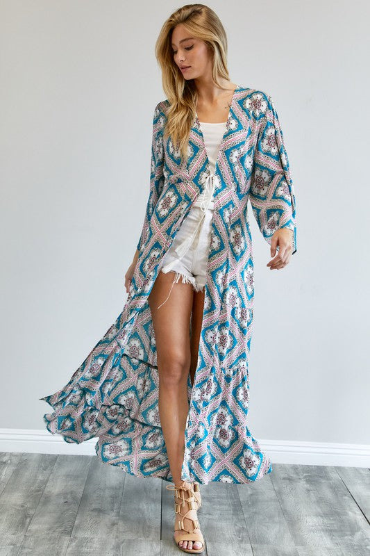 Printed Long Sleeve Loose Kimono Davi & Dani