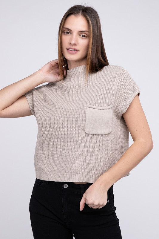 Mock Neck Short Sleeve Cropped Sweater ZENANA