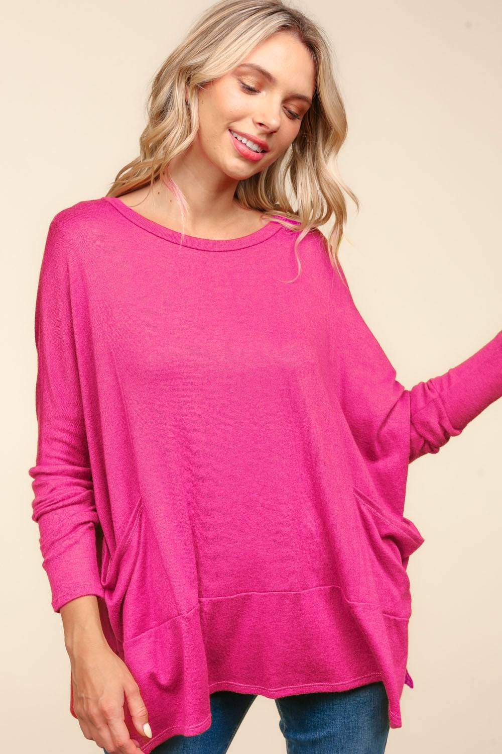 Haptics Dolman Long Sleeve Oversized Knit Top with Pockets Trendsi