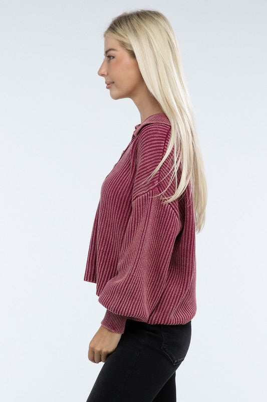 Washed Collared Henley Sweater ZENANA