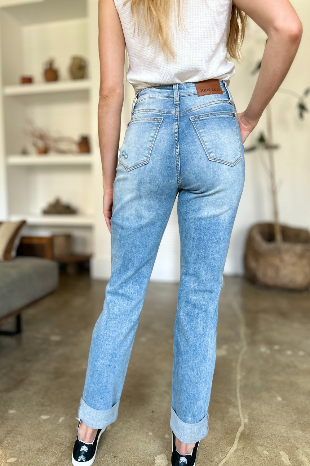 Judy Blue Full Size Distressed Straight Jeans with Patch Pockets Trendsi