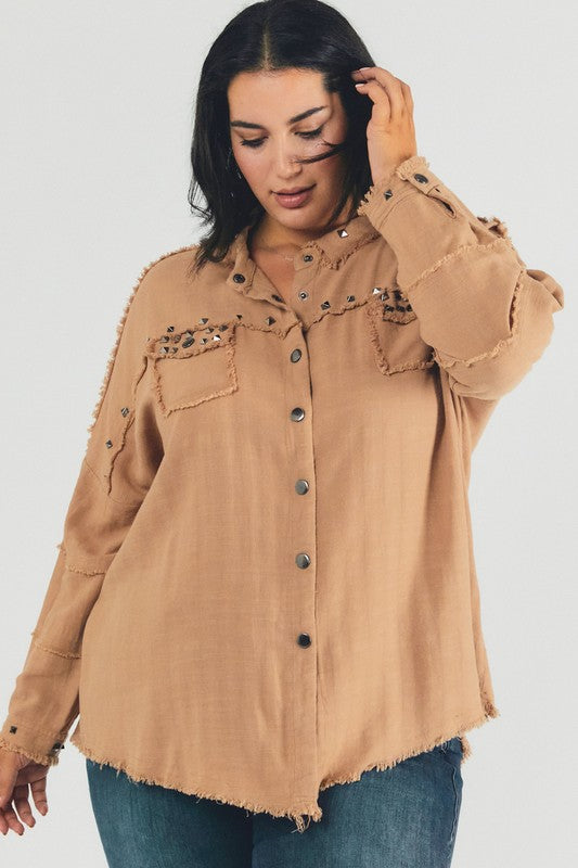 Plus Distressed hem button down oversize shirt Davi & Dani