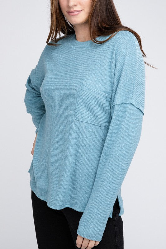 Ribbed Brushed Melange Hacci Sweater with a Pocket ZENANA