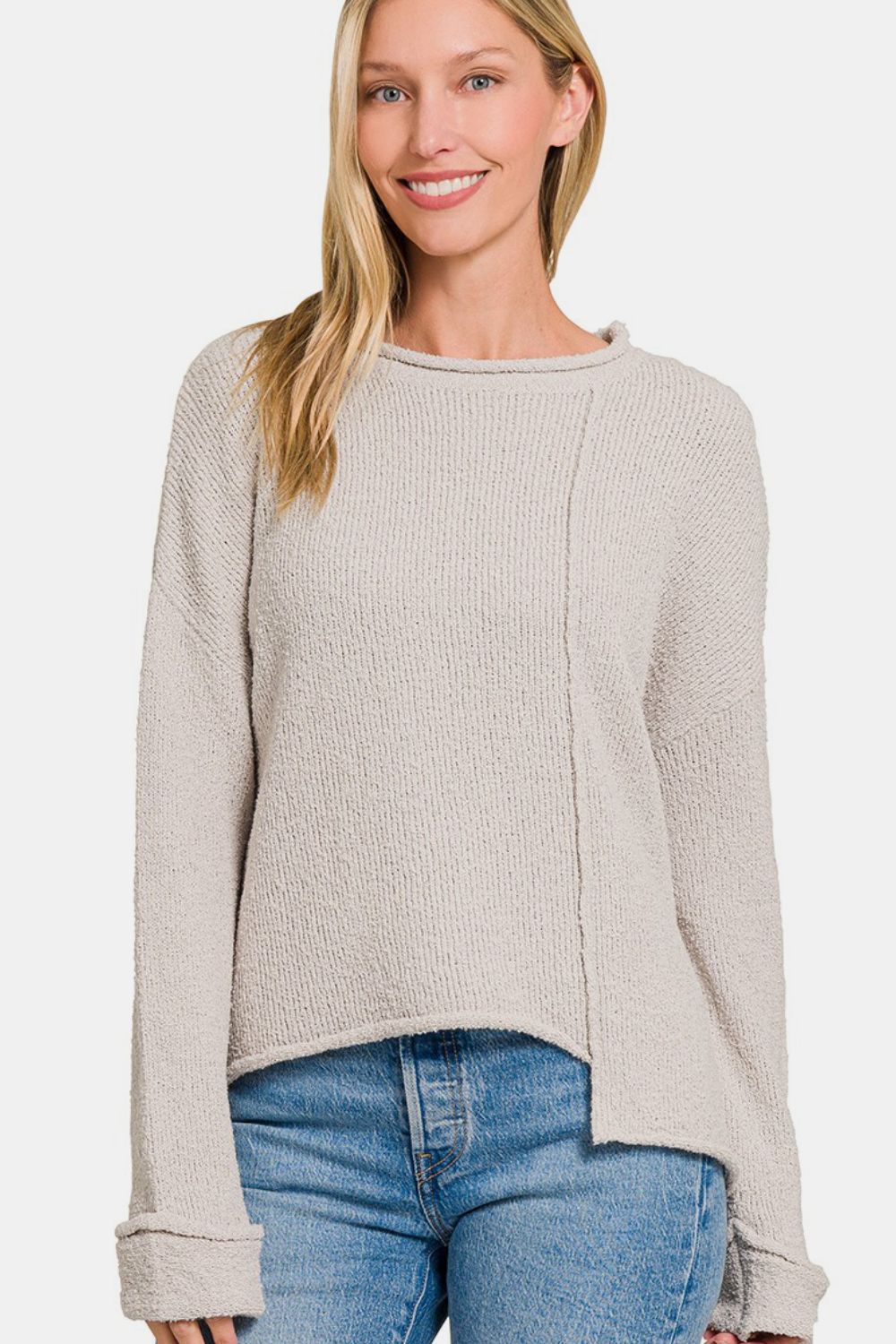 Zenana Asymmetric Hem Drop Shoulder Sweater Trendsi