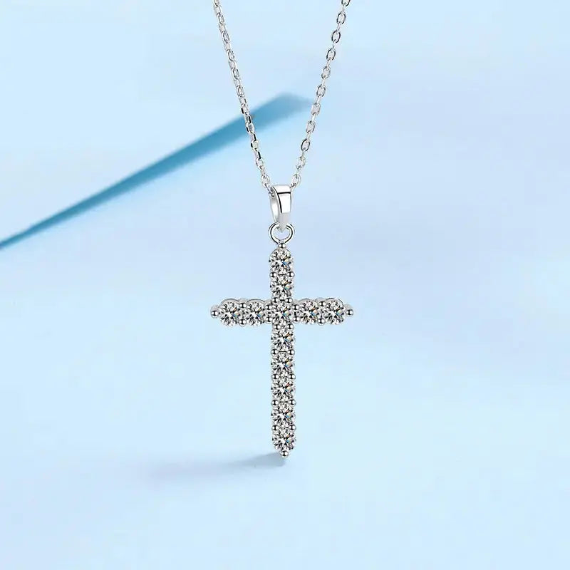 925 Sterling Silver Moissanite Diamond Cross Necklace - Rosa Apparel