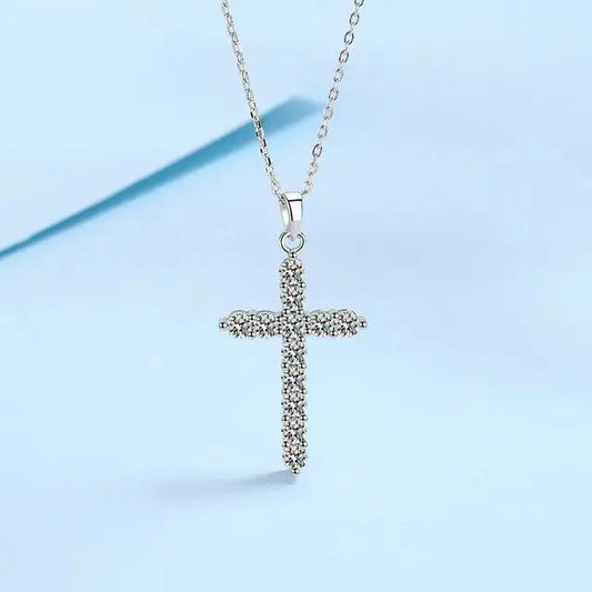 925 Sterling Silver Moissanite Diamond Cross Necklace - Rosa Apparel